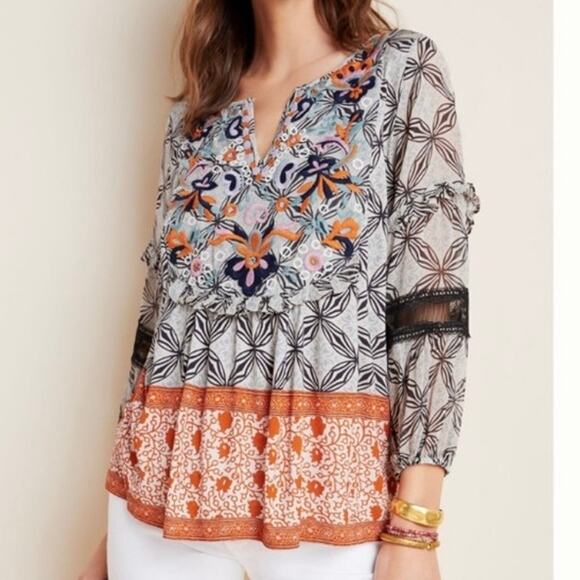 ANTHROPOLOGIE | Viscose Boho Top Blouse Blue Orange White Embroidered | Large - Picture 1 of 7